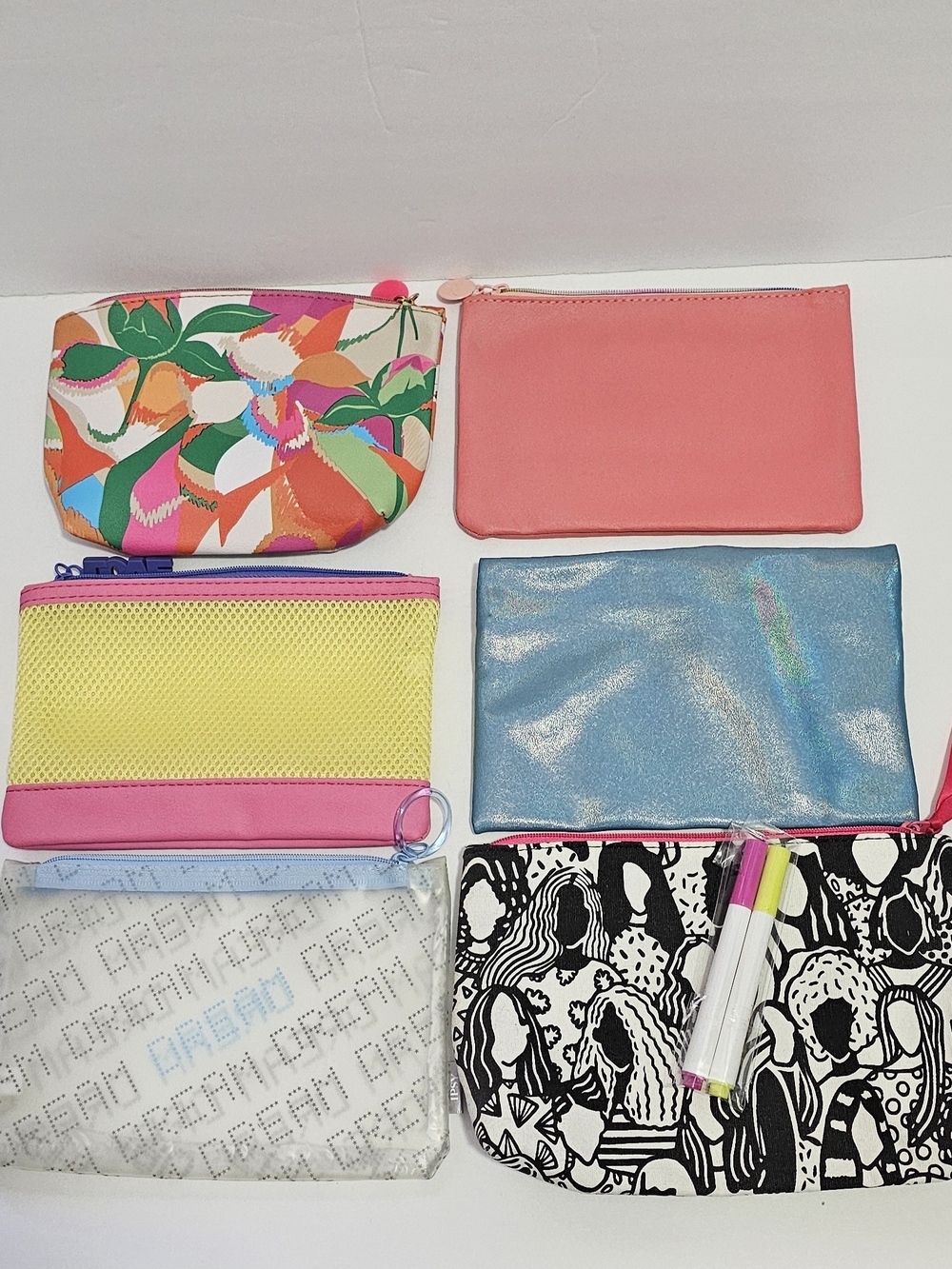 Ipsy Lot of 6 Multicolor Zipper Makeup Bags Cosmetic Pouches Assorted